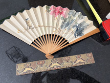 Vintage Chinese Folding Hand Fan Bamboo Calligraphy Bird Floral w/ Case