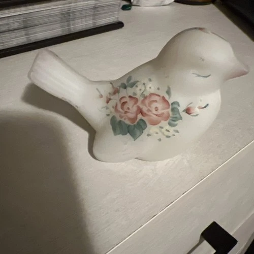 Vintage Fenton Satin Glass Hand Painted Rose Flowers Bird signed
