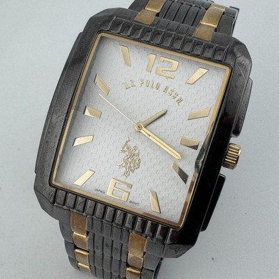 US Polo Assn Quartz Watch Men Gold Tone Black Rectangle Analog New Battery 7.25''