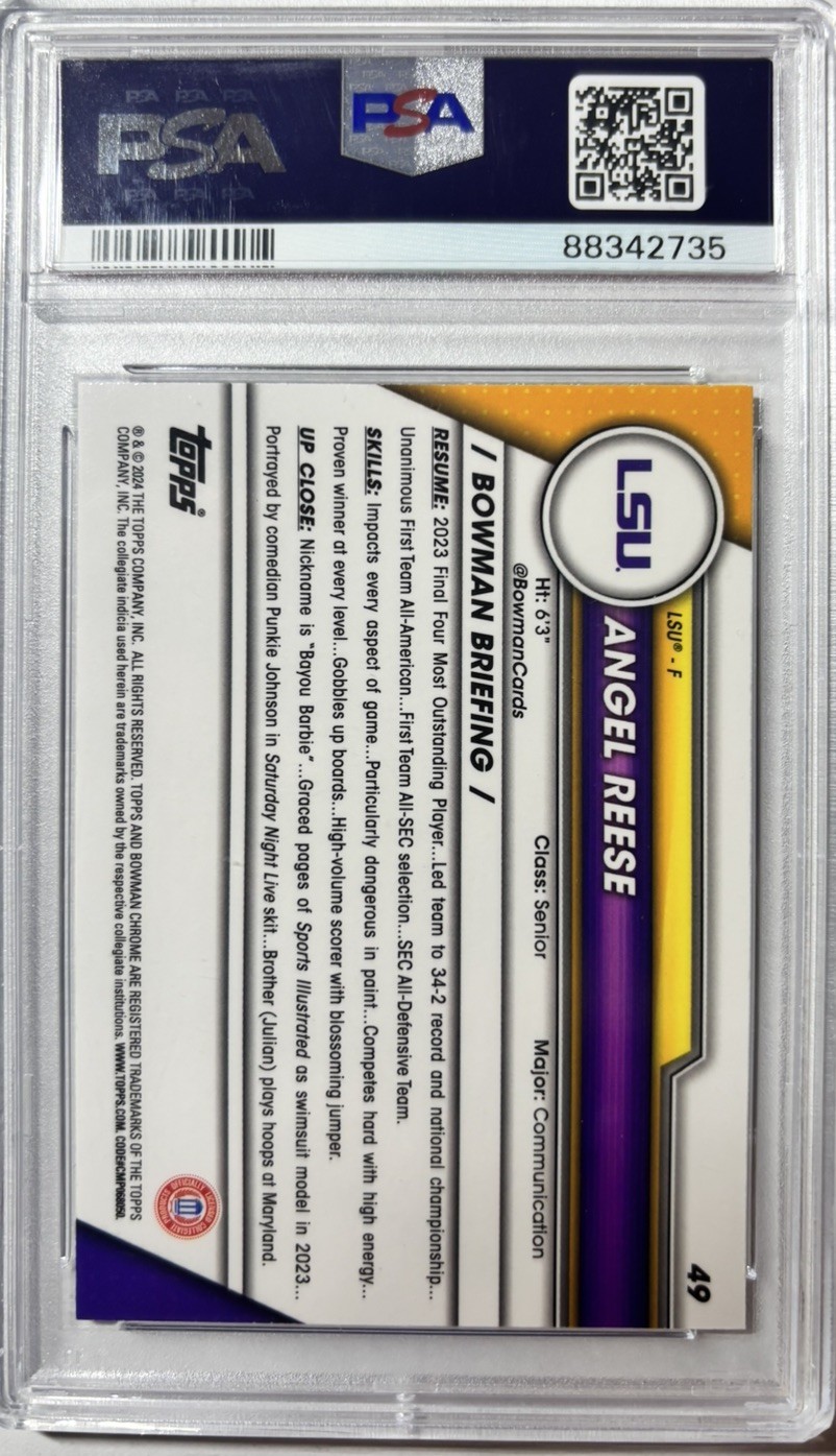 2023 Bowman U Chrome Angel Reese RC #49 Shimmer PSA 10 LSU Tigers view 2