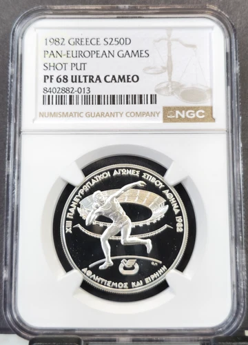 1982 GREECE SILVER 250 DRACHMAI SHOT PUT NGC PF 68 ULTRA CAMEO GEM PROOF