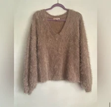 Soft Fuzzy Philosophy Tan V-neck Sweater Medium Comfortable 