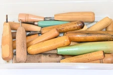 Box lot of hand made chisel vintage wood carving  finishing tools wooden handle