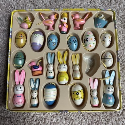 Vintage Easter Wooden Ornament Set of 42 Bunnies Chicks Eggs Boxed Spring Decor