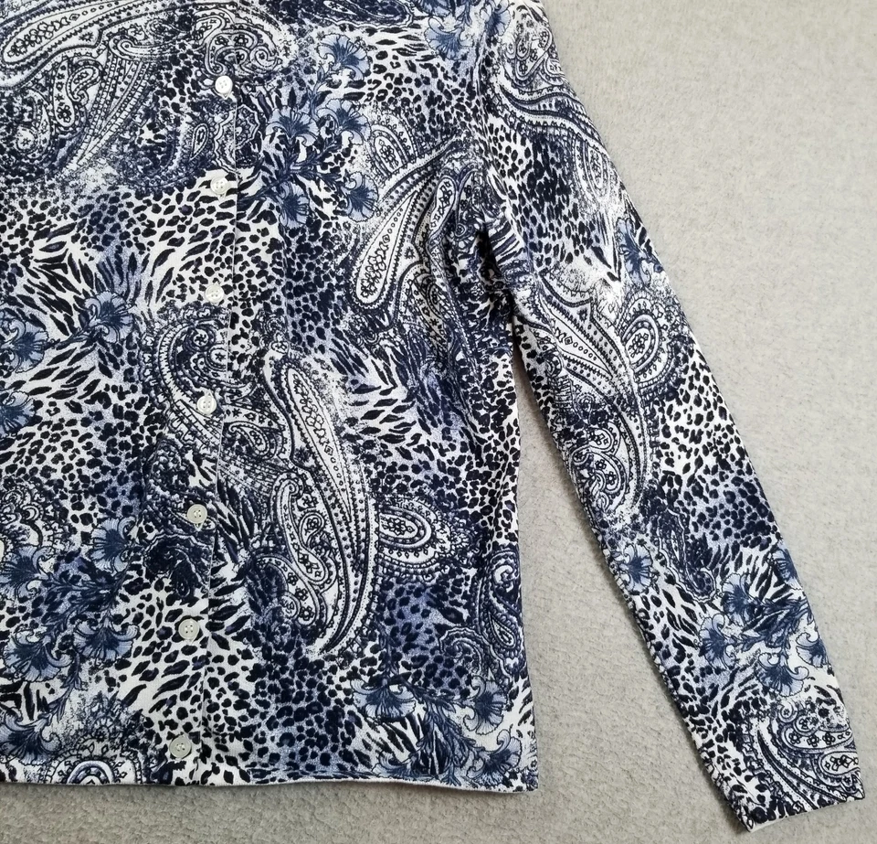 Cardigã suéter feminino KAREN SCOTT pequeno S paisley leopardo manga longa elástico - Imagem 4 de 4