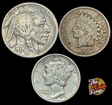 90% Silver Mercury Dime Indian Head Cent Buffalo Nickel! 3 Coins! Full Dates!