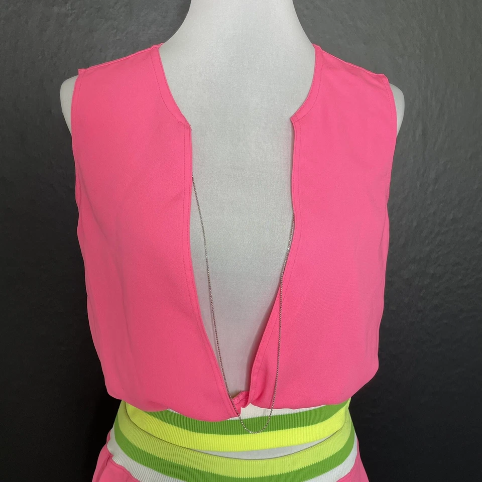 Mujer Y2k Conjunto Corto 2 Piezas Mediano Rosa Neón Acanalado Sin Mangas Top Plisado Foto 2 de 4