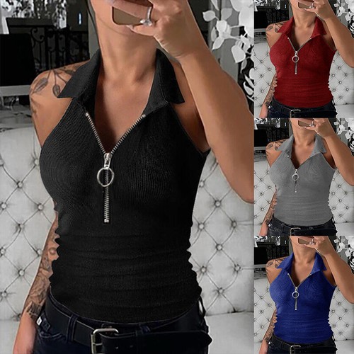 Womens Sleeveless Zipper T-Shirt Solid Color Lapel Collar Tops Slim Fit  Blouse | eBay
