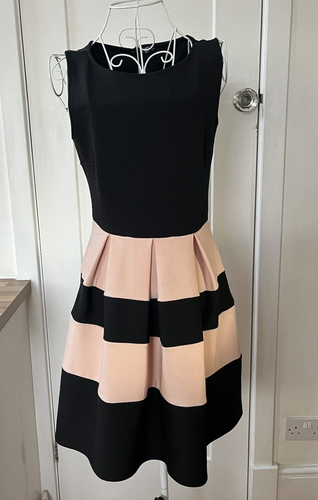 PRE-LOVED BOOHOO NACHT SCHWARZ UND PINK ÄRMELLOSES KNIELANGES KLEID GRÖßE UK 12