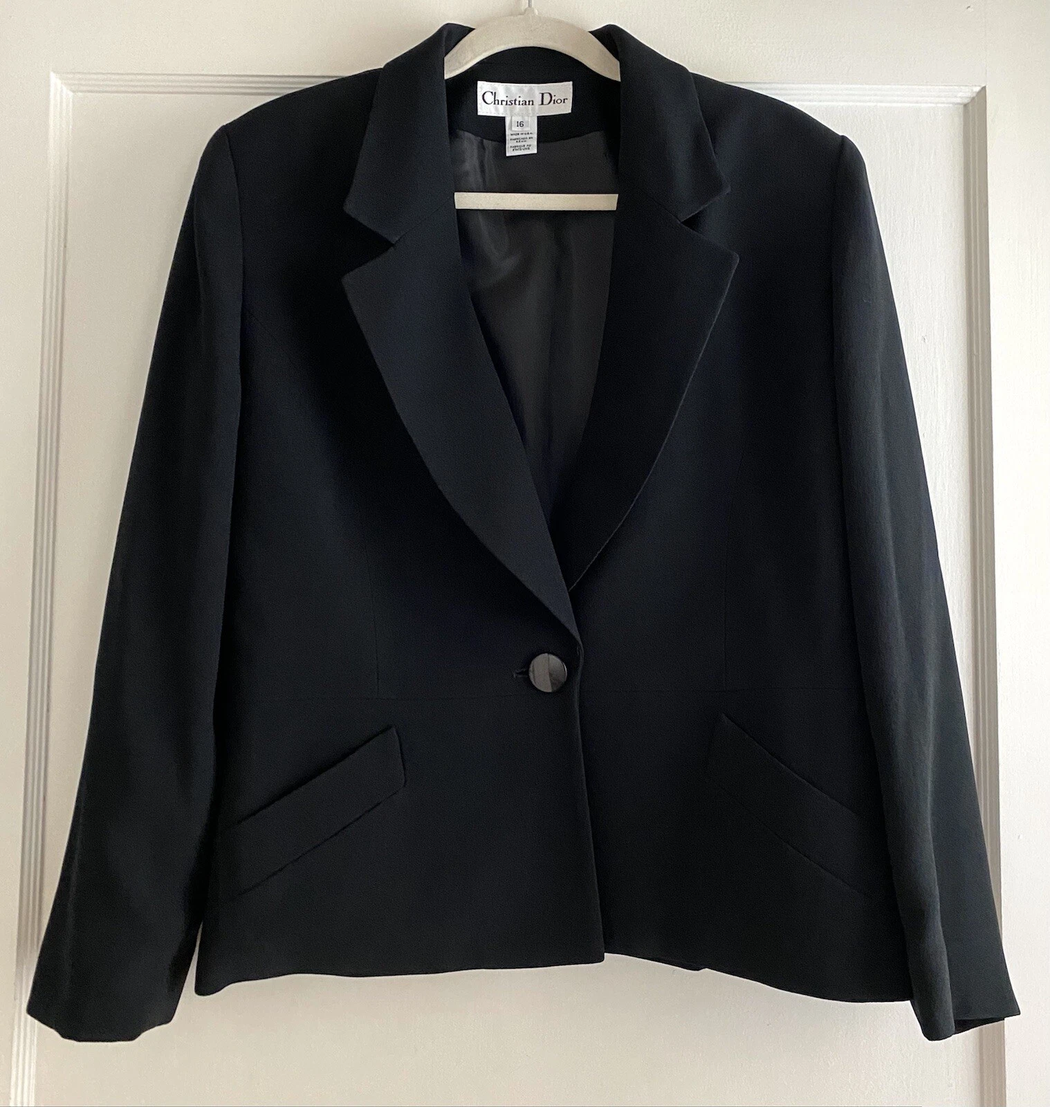 Giacca blazer vintage nera Christian Dior nera con bottoni singoli crepe taglia 16 made in USA