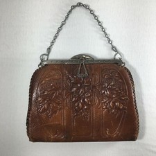 Antique Art Deco Art Nouveau Tooled Leather Purse Handbag Embossed Leaves Brown