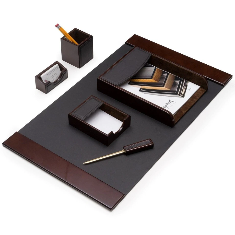 Bey Berk 6 Piece "Walnut" Wood & Brown Leather Desk Set - Image 3 of 3