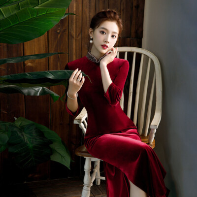 chinese style bodycon dress Velvet Slim Qipao Long Prom Wedding Evening Dress qipao dress