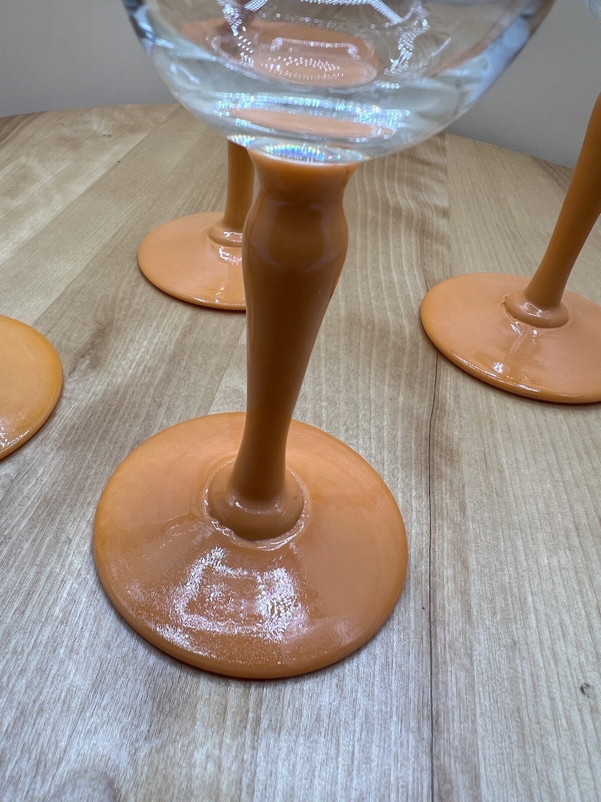 Vintage 70’s Orange Stemware Cordial Wine Glasses Etched Floral Design