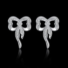 Cute New Silver Plated Clear Cubic Zirconia CZ Crystal Accent Bow Stud Earrings