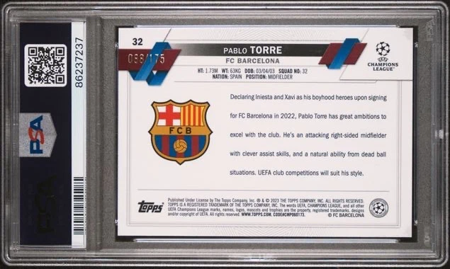 PABLO TORRE * PSA 9 * PINK MINI-DIAMOND /175 * 2022-23 TOPPS CHROME BARCA ROOKIE - Image 2 of 3