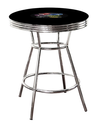 BLACK AND CHROME ROUND BAR TABLE WITH NOVELTY THEME DECAL LOGO W/GLASS OPTION - Picture 17 of 20