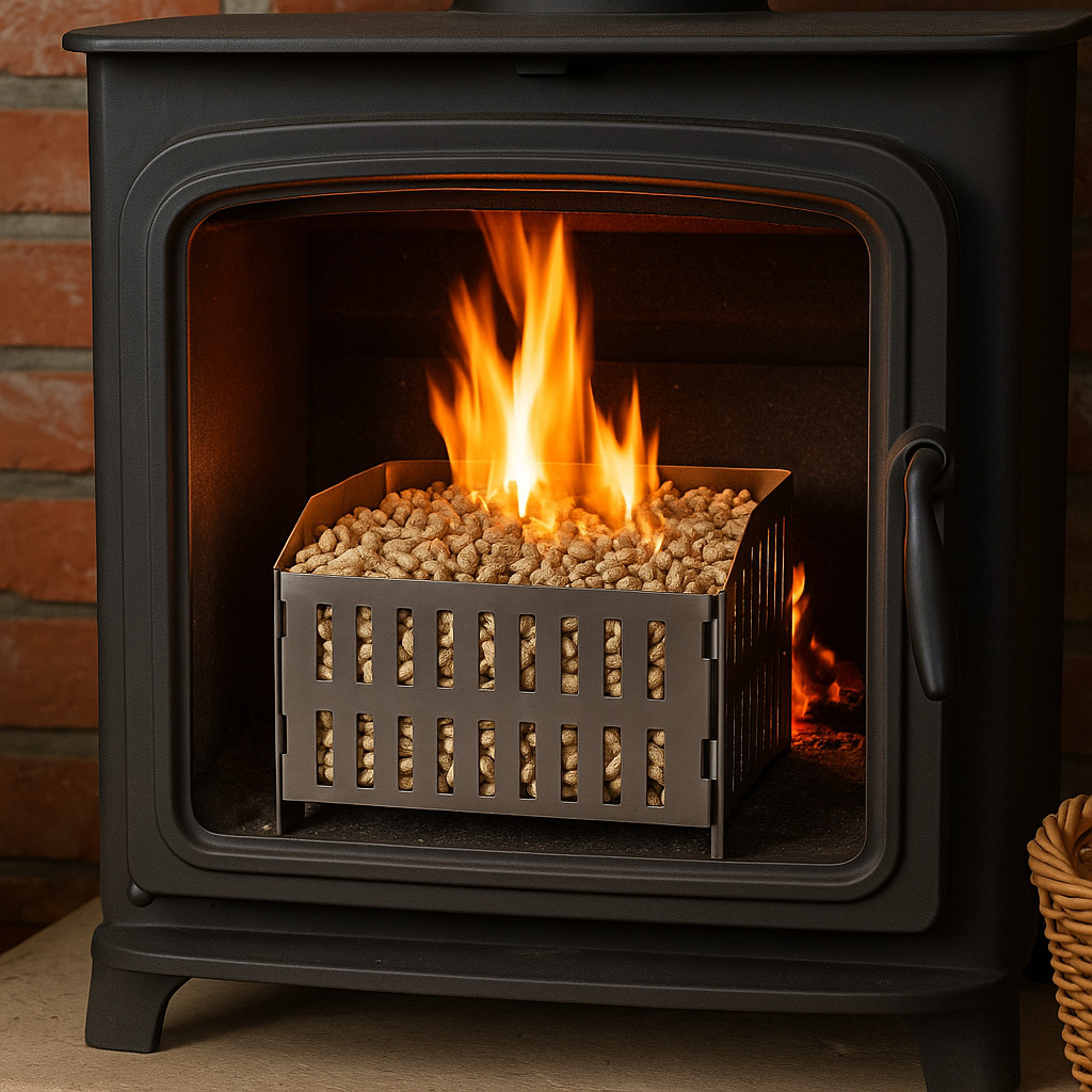 Cesta quemador de pellets para estufa de leña o chimenea 3 kg capacidad 4 horas de tiempo de combustión