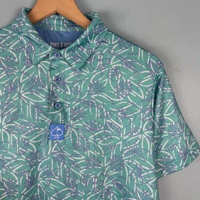Pins & Aces Mens Medium Green Tropical Floral Performance Golf Polo Shirt Logo