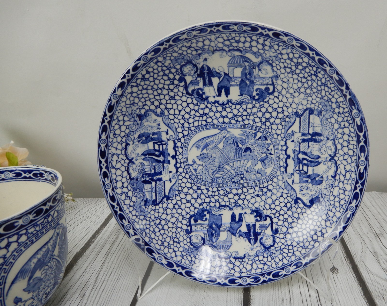 William Adams Pottery Pottery Blue & White Chinese Bird Jumbo Cup and Bowl