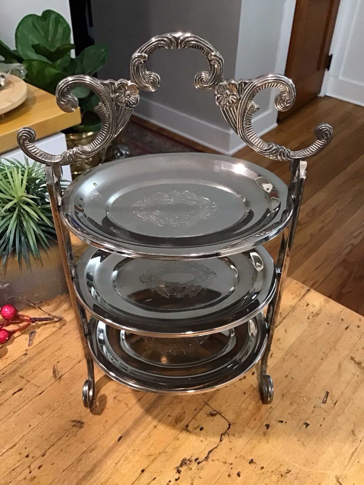 Vintage Edwardian Style  3 Tier Removable  Cake/Candy Stand Engraved Silverplate