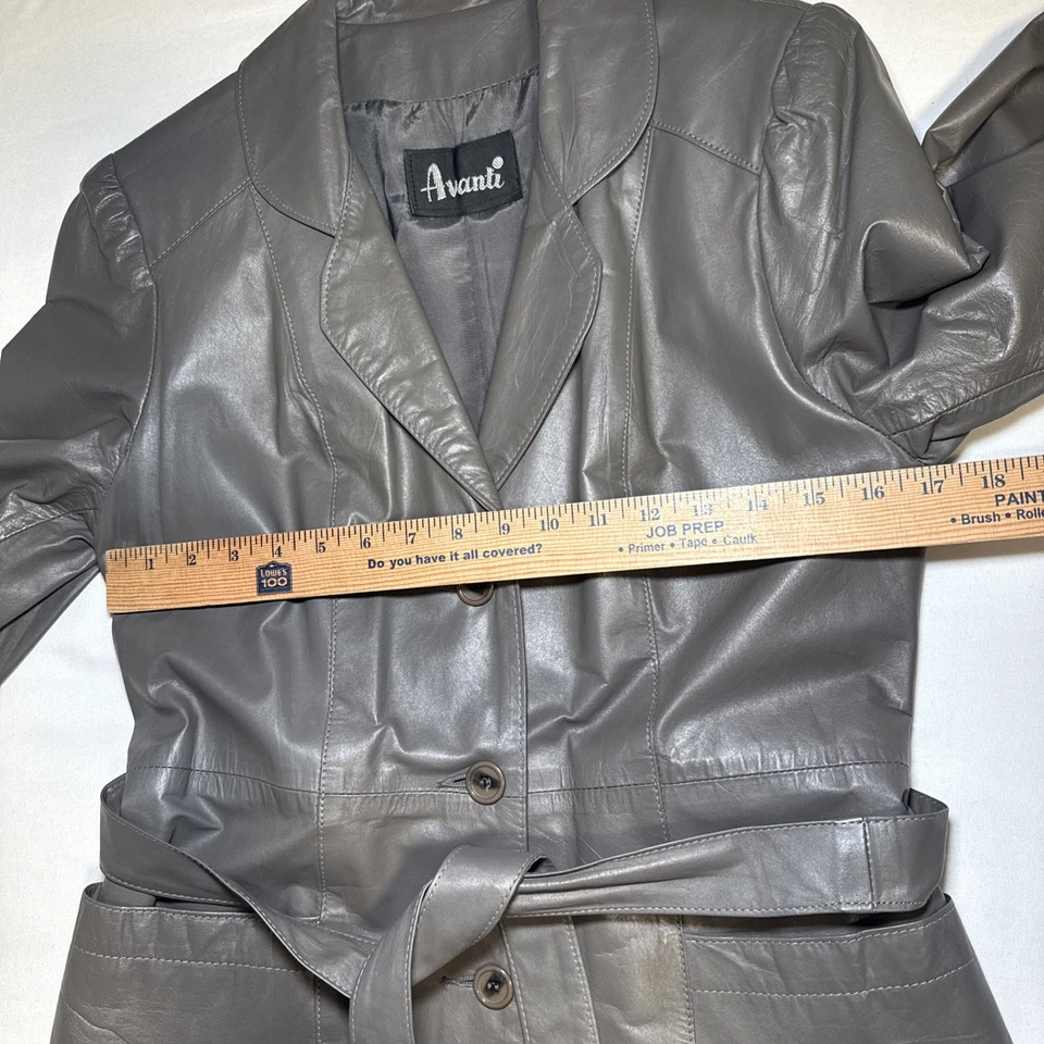 VTG Avanti Long Duster Gray Leather Trench Coat Womens 10 Belted 80s 90s EUC - Image 4 of 4