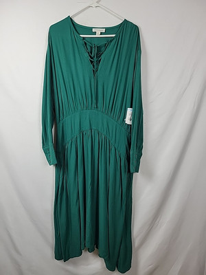 Treasure & Bond Green LS Lace Up Neckline Heirloom Blouson Midi Dress Size Large