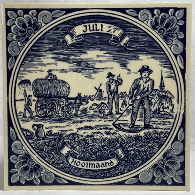 Vintage Delft Blauw Handpainted Holland July Tile Plaque Juli Hoolmaand