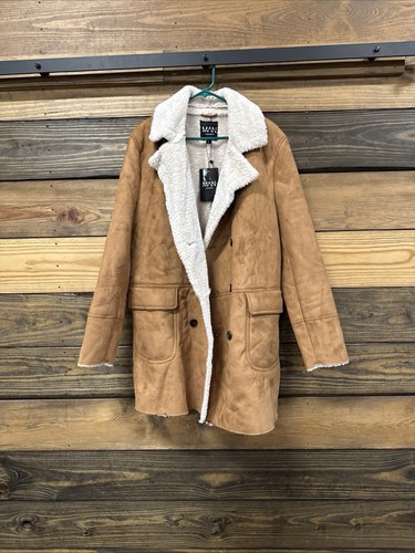 BoohooMAN Tall Borg Lined Double Breasted Overcoat Tan Size Lg New with Tags