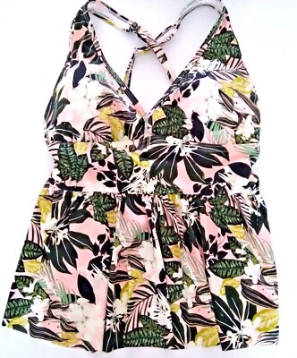 Adore Me  Women's Swimsuit Tankini Top Green Pink Tropical Print Plus Size 1X