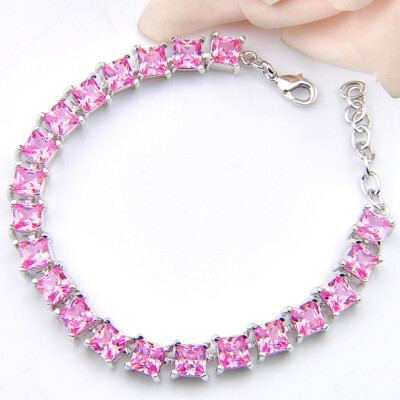 Romantic Love Square Sweet Pink Topaz Gem Silver Charm Wedding Bracelet For Lady