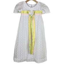 Vintage Childs Dress 4T Handmade Lace Ribbons White Short Sleeve FLAWED