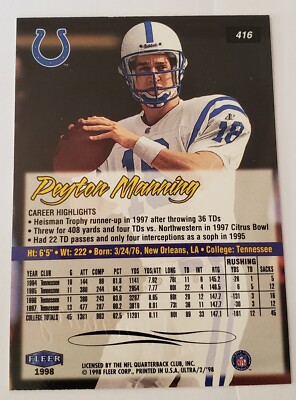 その他 1998 ULTRA PEYTON MANNING ROOKIE 1998 Fleer Ultra PEYTON MANNING #416 Rookie RC Indianapolis