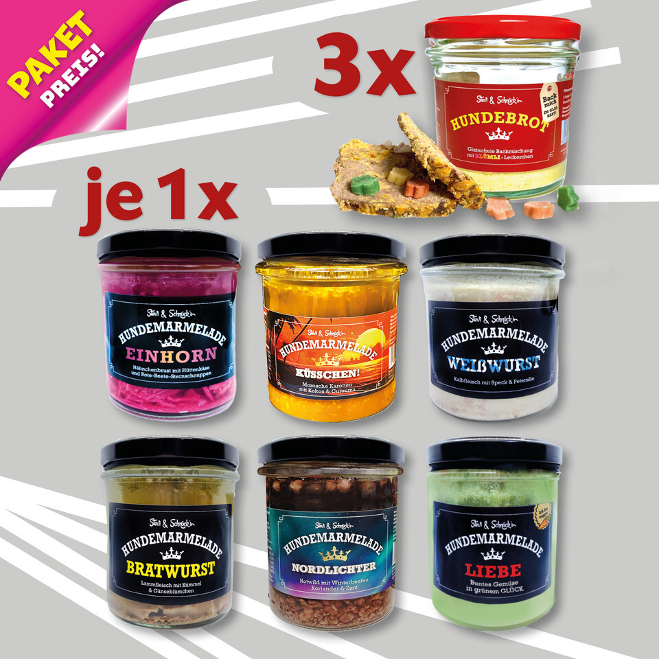 Stevi & Schnücks "Glück to go" 6 x Hundemarmelade & 3 x Hunde-Brot-Backmischung