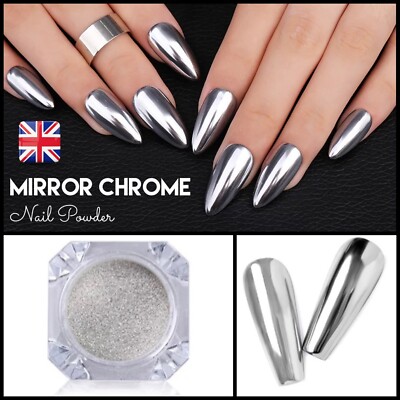 SILBER SPIEGEL NAGEL CHROM PUDER + BÜRSTE Metallic EFFEKT Pigment 100% WOW NÄGEL