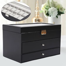 Watch Display Box + Jewelry Storage Case Multi-Purpose Organizer Box w/Glass Top