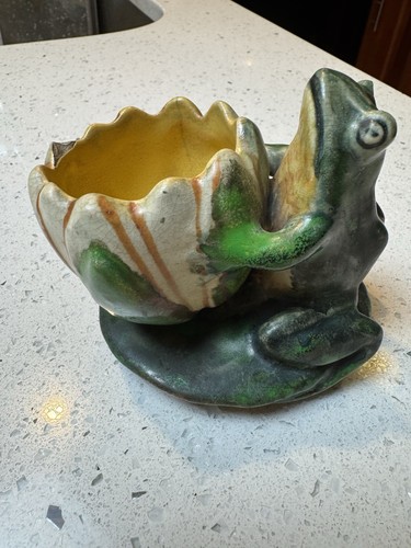 Weller Pottery Coppertone Frog on Lily Pad w Lotus Vase or Planter With 3 Chips - Picture 2 of 6
