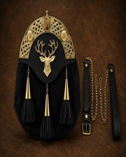 Scottish Full Dress Black Seal Fur Sporran Gold Cantle Leather Back