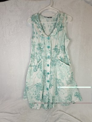 Mlle Gabrielle Mint Toile Floral Tunic Dress XL Cottagecore Button Front Pockets