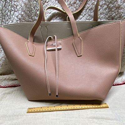 GUESS Pink/Gray Colorblock Pebbled Tote Bag Double Handles Bag Charm Gold