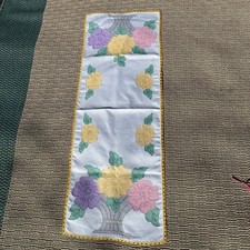Vintage Hand Embroidered Floral Table Runner White Yellow Lace Trim Cottagecore