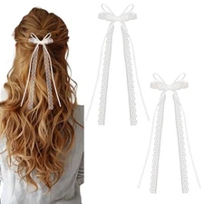 2 Pack White Bow for Hair, Lace Bow with Long Tail Elegant Bridal Ribbons Cute 