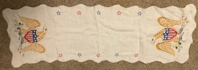  Vintage Hand Cross Stitch Embroidered  American Eagle Linen Runner 13 X 40 