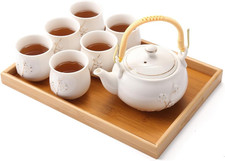 Japanese Tea Set for 6, Kiln Altered Glaze Porcelain Tea Set w/ Teapot Cups Tray