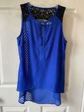 Nicole Miller Blue Sleeveless Sheer Top Lace Shoulders Shirt tail Hem