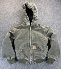 Carhartt Jacket Youth Medium Green Hooded Faded Workwear Canvas YYJ130 MOS