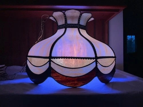 Vtg Tiffany Style-Stained Glass Hanging Ceiling Light Fixture Pub Bar Lamp 20” W