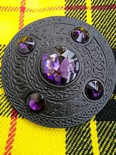 Scottish Fly Plaid Brooch With 5 Purple Stone In Black Finish 4"Fly Plaid Brooch