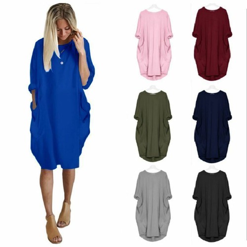 New Womens Casual Oversized Long Sleeve Dress Ladies Pockets Baggy T-Shirt Tops - Picture 8 of 33