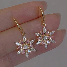 Womens Gold Hoop Earrings CZ Snow Crystal Dangle Drop Elegant Fashion Jewelry